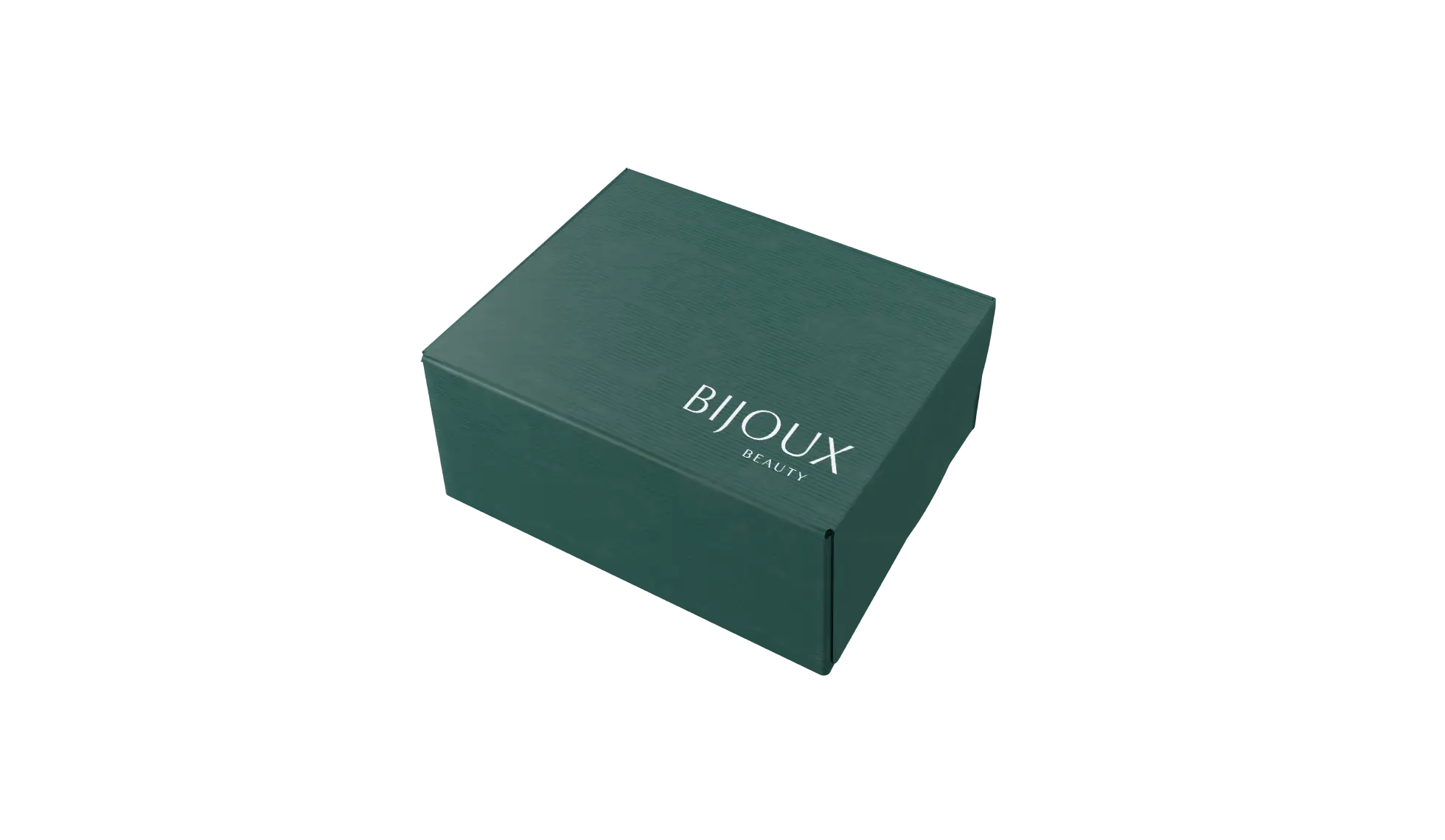 A pine-colored box with a beauty brand called Bijoux Beauty.
