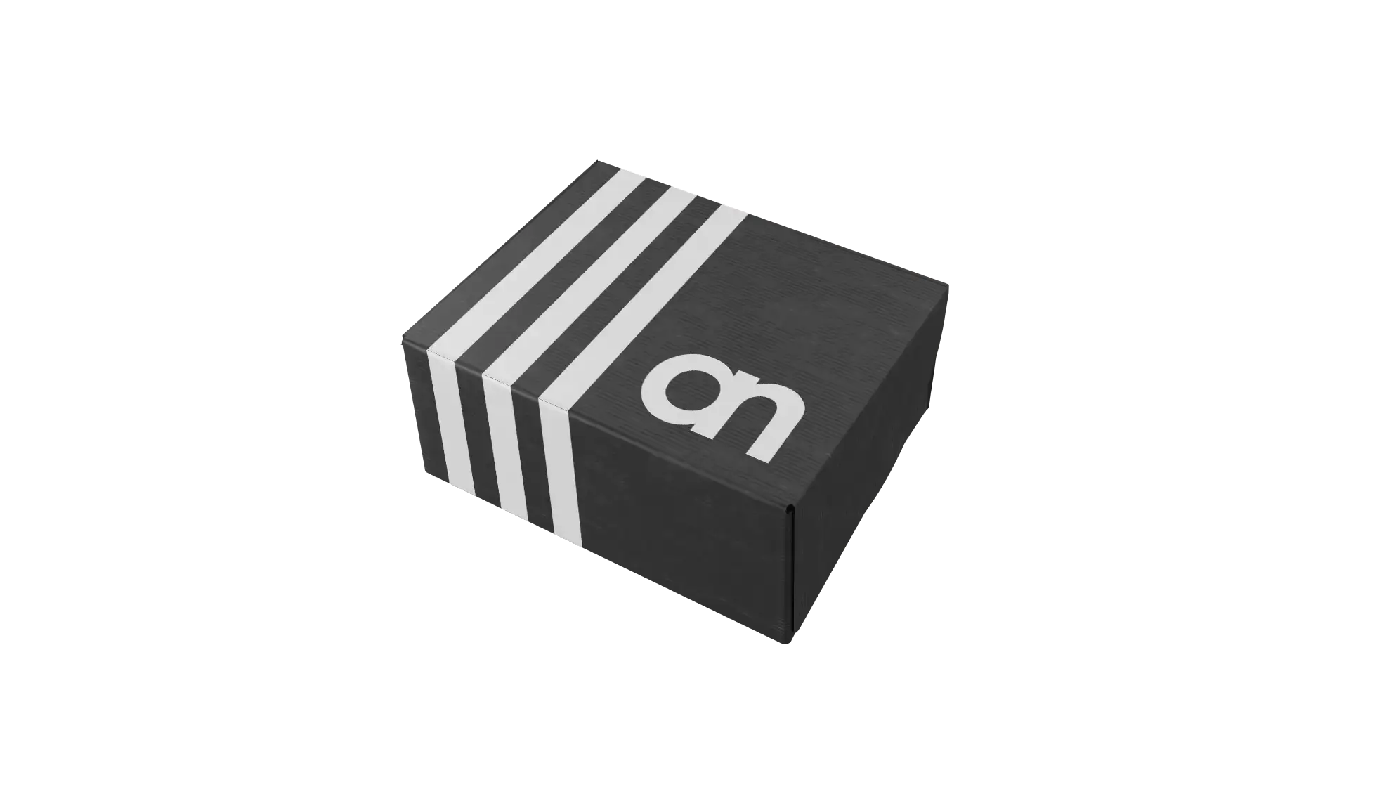A black box with white stripes and an apparel brand.