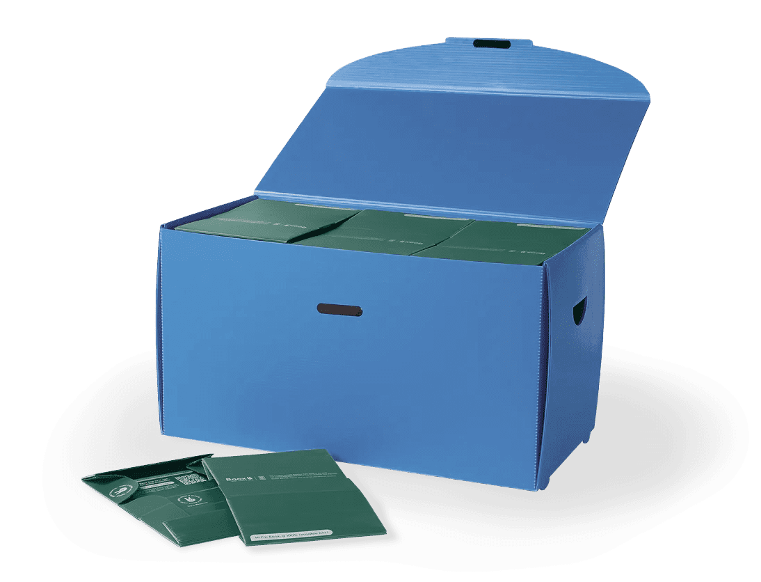 A reusable shipping container containing a bunch of reusable booxes.